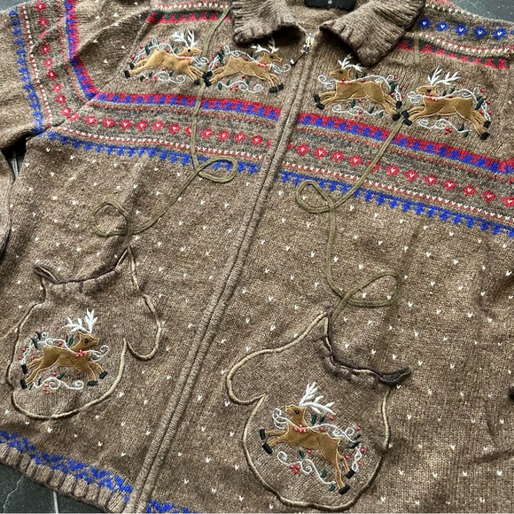 Brown Chunky Knit Reindeer Gloves Fair Isle Zip Cardigan Sweater - Picture 2 of 9